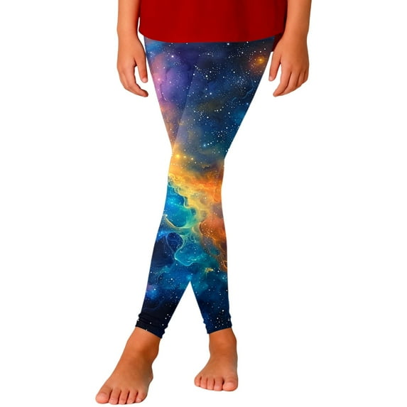 Girls Cartoon Galaxy Leggings Stretch Slim Pants – Cute Starry Sky Print Athletic Bottoms with Elastic Fit, Casual School Lounge Everyday Wear Age 3-14