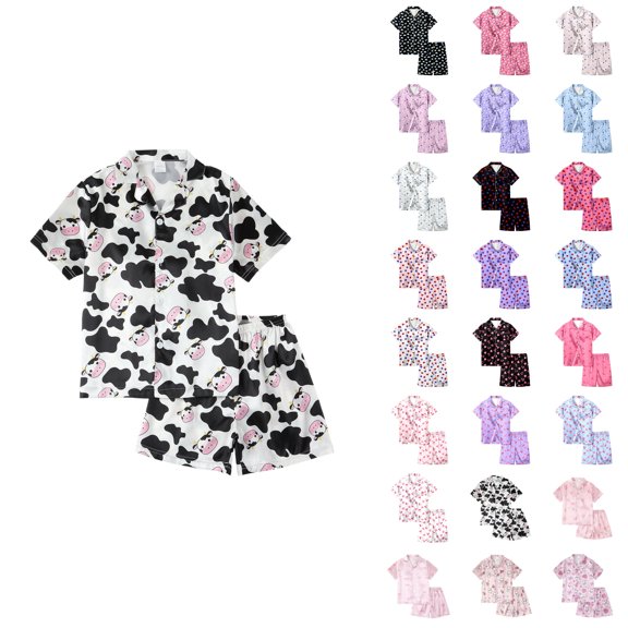 Girls Cartoon Gradient Heart Print Satin Pajama Set – Short Sleeve Button-Down Top & Shorts with Pink Bow, Summer Sleepwear Loungewear for Kids Size 7-14