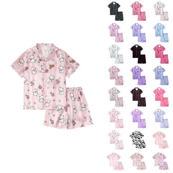 Girls Cartoon Gradient Heart Print Satin Pajama Set – Short Sleeve Button-Down Top & Shorts with Pink Bow, Summer Sleepwear Loungewear for Kids Size 7-14