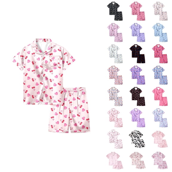 Girls Cartoon Gradient Heart Print Satin Pajama Set – Short Sleeve Button-Down Top & Shorts with Pink Bow, Summer Sleepwear Loungewear for Kids Size 7-14