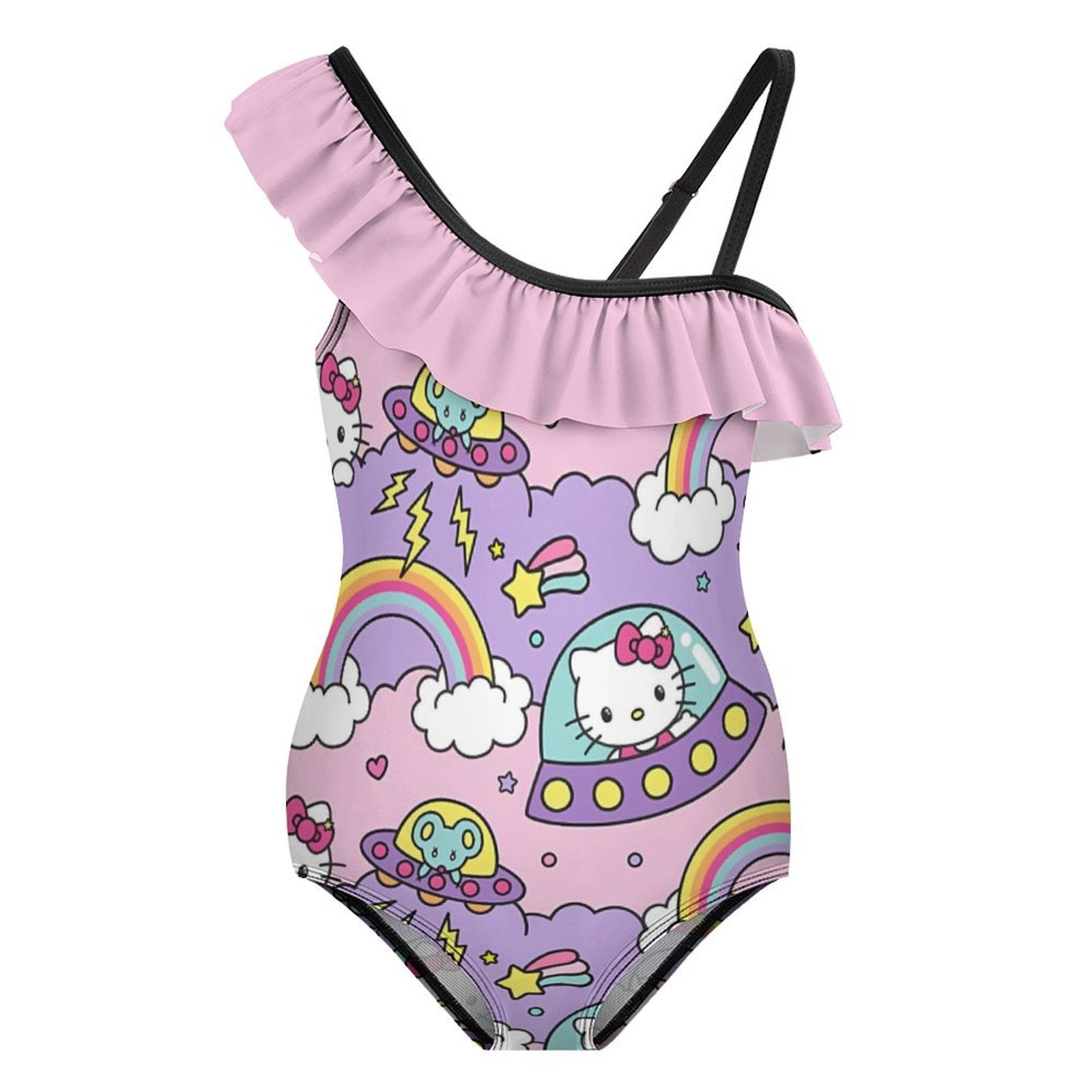 Girls Cartoon Hello Kitty One Piece Swimsuits Cute Ruffle Bathing Suits 