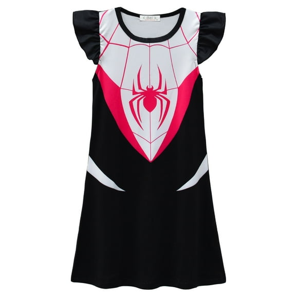 Girls Cartoon Hero Nightgown Spider Ruffle Sleeve Sleepwear Nightie for 3-7Y