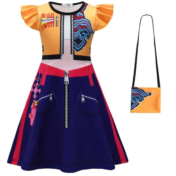 Girls Cartoon Heroine Costume Dress w/Bag Cosplay Skirt Outfit for Halloween Party Role Play, 6-7Y