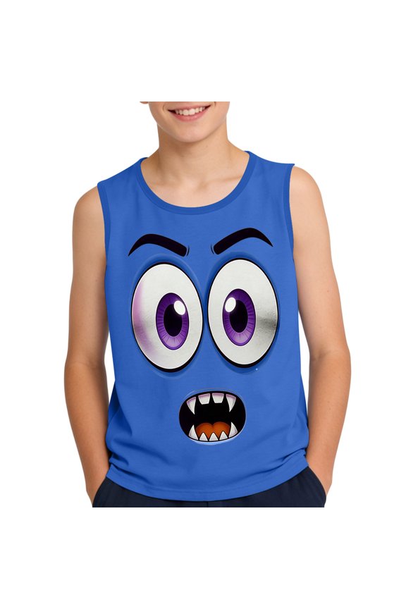 Girls Cartoon Monster Face Tank Top Blue Soft Stretchy Sleeveless Summer Tops Funny Monster Graphic Tee for Kids & Big Kids Ages 3-16 Years,Size 14 T