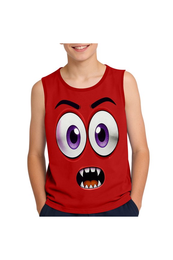 Girls Cartoon Monster Tank Top Red Soft Stretchy Sleeveless Summer Tops Funny Monster Face Shirt Breathable Casual Tee for Kids Little Big Kids 3-16 Years,Size 14 T