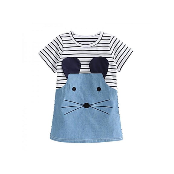 Girls Cartoon Mouse Stripe Colorblock Summer Denim Short Sleeve Dress Princess DressesTutu Denim Skirts Baby Colorblock Short Sleeve Dresses