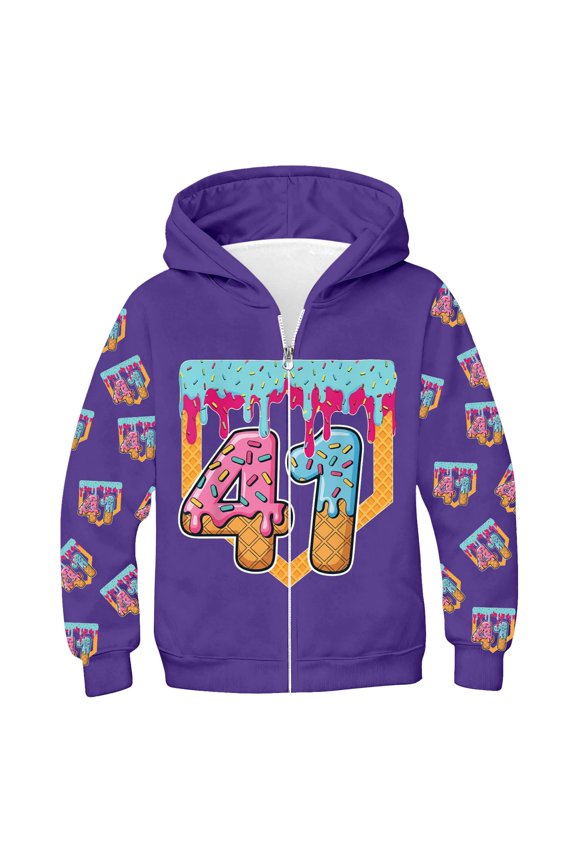 Girls Cartoon Print Zip Up Hooded Jacket Long Sleeve Outerwear Animated Number Pullover Coat Kids Clothes