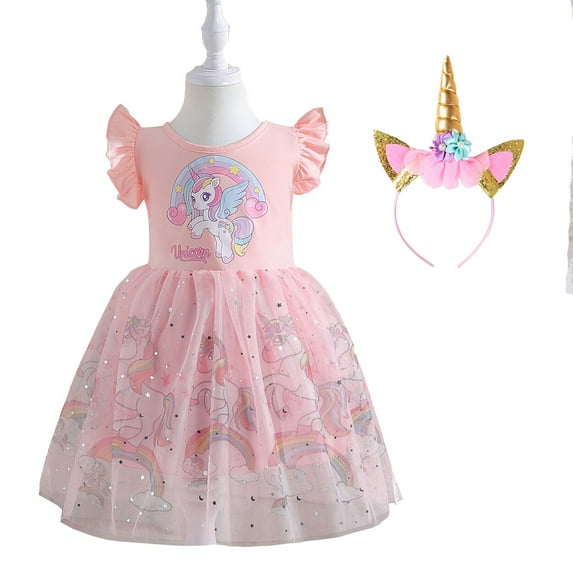 Girls Cartoon Rainbow Tutu Dress Short Sleeve Birthday Princess Outfit for 2-7Y