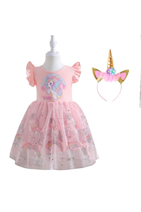 Girls Cartoon Rainbow Tutu Dress Short Sleeve Birthday Princess Outfit for 2-7Y