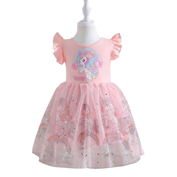 Girls Cartoon Rainbow Tutu Dress Short Sleeve Birthday Princess Outfit for 2-7Y