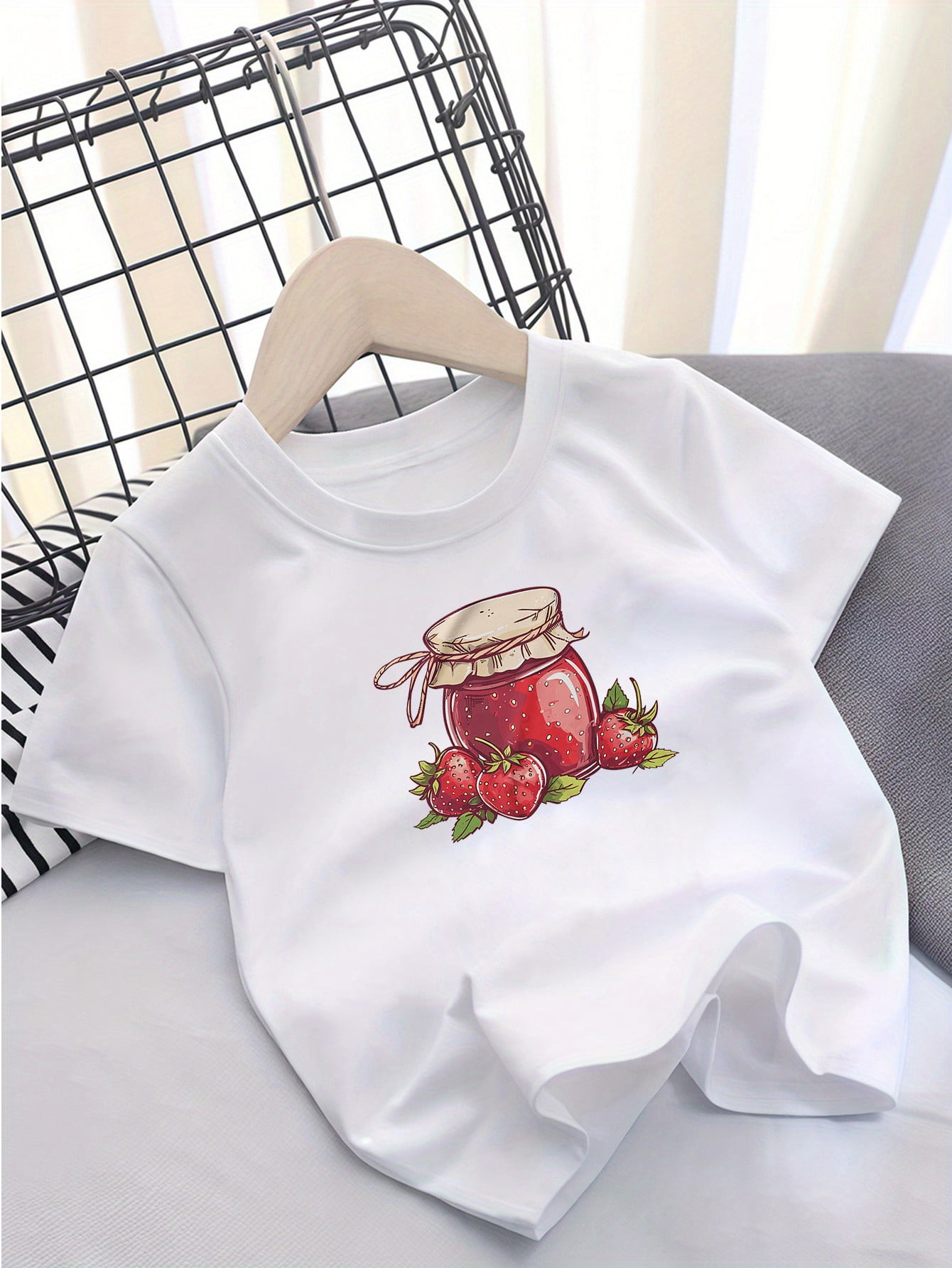 Girls' Cartoon Strawberry Print Cotton T-Shirt, Casual Crew Neck Short ...