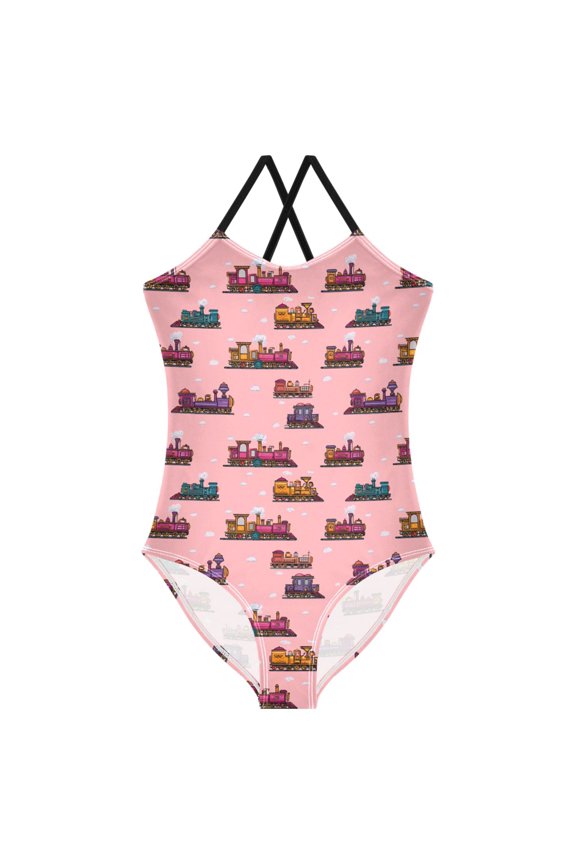 Girls Cartoon Trains Print One Piece Swimsuit, Cross Back Spaghetti Strap Bathing Suit for Kids Summer Beach Pool Swimwear 5-6T