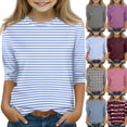 thumbnail image 1 of Girls Casual 3/4 Sleeve T Shirts Kids Crewneck Tops Fashion Striped Tees Blue,9-10 Years, 1 of 7