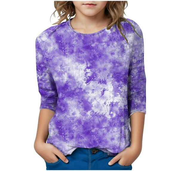 Girls Casual 3/4 Sleeve T-Shirts Round Neck Cute Tunic Tops Tie Dye Tees Blouses Loose Fit Summer Tee Top 3-12 Years