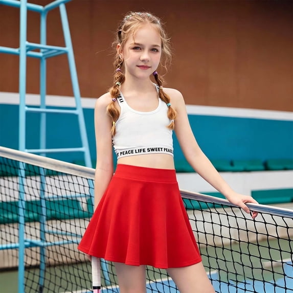 Girls Casual Athletic Skater Skirt for Everyday Play and School Year-Round Comfort in Pure Color with Stretch Waist for Girls, 13-14 Years, Red