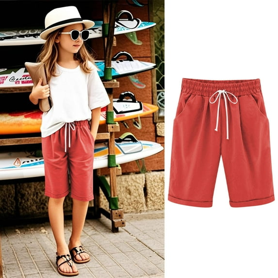 Girls Casual Bermuda Shorts Kids Knee Length High Waisted Summer Shorts Comfy Drawstring Short Pants with Pockets