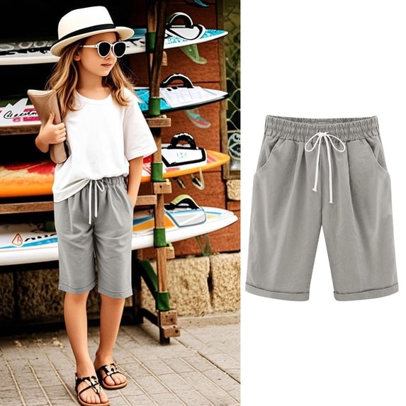 Girls Casual Bermuda Shorts Kids Knee Length High Waisted Summer Shorts Comfy Drawstring Short Pants with Pockets