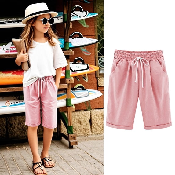 Girls Casual Bermuda Shorts Kids Knee Length High Waisted Summer Shorts Comfy Drawstring Short Pants with Pockets