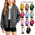thumbnail image 1 of Girls Casual Bomber Jackets, Soft Fleece Lined Snap Front Long Sleeve Loose Fit Sweatshirt No Hood with Pockets for Spring and Fall Daily Wear, 10-11 Years, 1 of 6