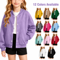 thumbnail image 1 of Girls Casual Bomber Jackets, Soft Fleece Lined Snap Front Long Sleeve Loose Fit Sweatshirt No Hood with Pockets for Spring and Fall Daily Wear, 12-13 Years, 1 of 6