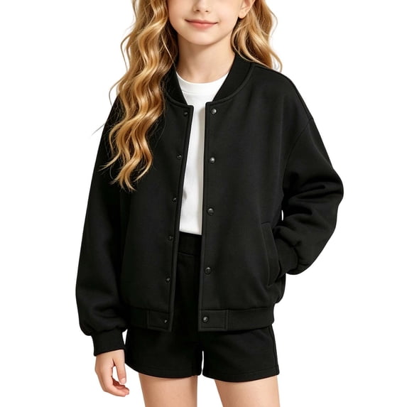 Girls Casual Bomber Jackets, Soft Fleece Snap Front Long Sleeve Loose Fit Sweatshirt No Hood with Pockets for Spring and Fall Daily Wear, 14-15 Years