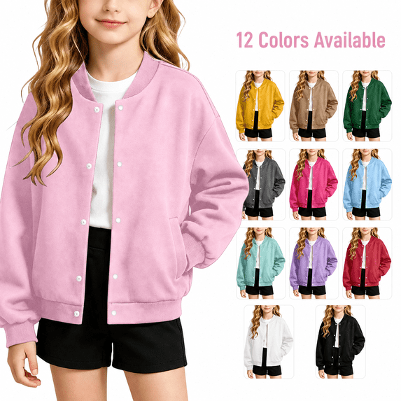 Girls Casual Bomber Jackets, Soft Fleece Lined Snap Front Long Sleeve Loose Fit Sweatshirt No Hood with Pockets for Spring and Fall Daily Wear, 4-5 Years