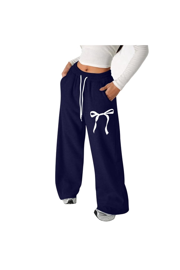 Women's Wide Leg Sweatpants Baggy Bow Graphic Drawstring Waist Jogger Sweat Pants with Pocket