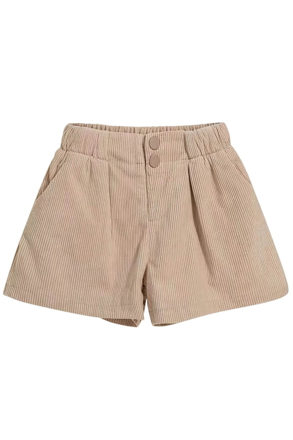 Girls Casual Button High Waist Corduroy Shorts Toddler Cuffed Hem Solid Shorts Trousers with Pockets for 4-14 Years