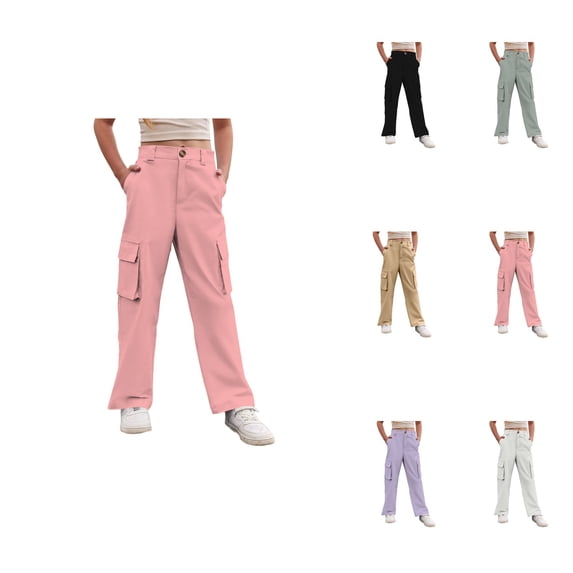 Girls Casual Cargo Pants with Utility Pockets – Comfortable Wide Leg Jogger Trousers for Everyday Wear, School Uniform & Streetwear (Ages 4-15)