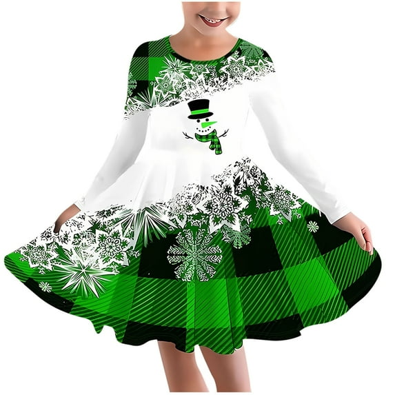 Girls Casual Christmas Dress Fall Plaid Dress A Line Twirly Long Sleeve Shirt Dress School Party Swing Outfits, Green, 7 Years