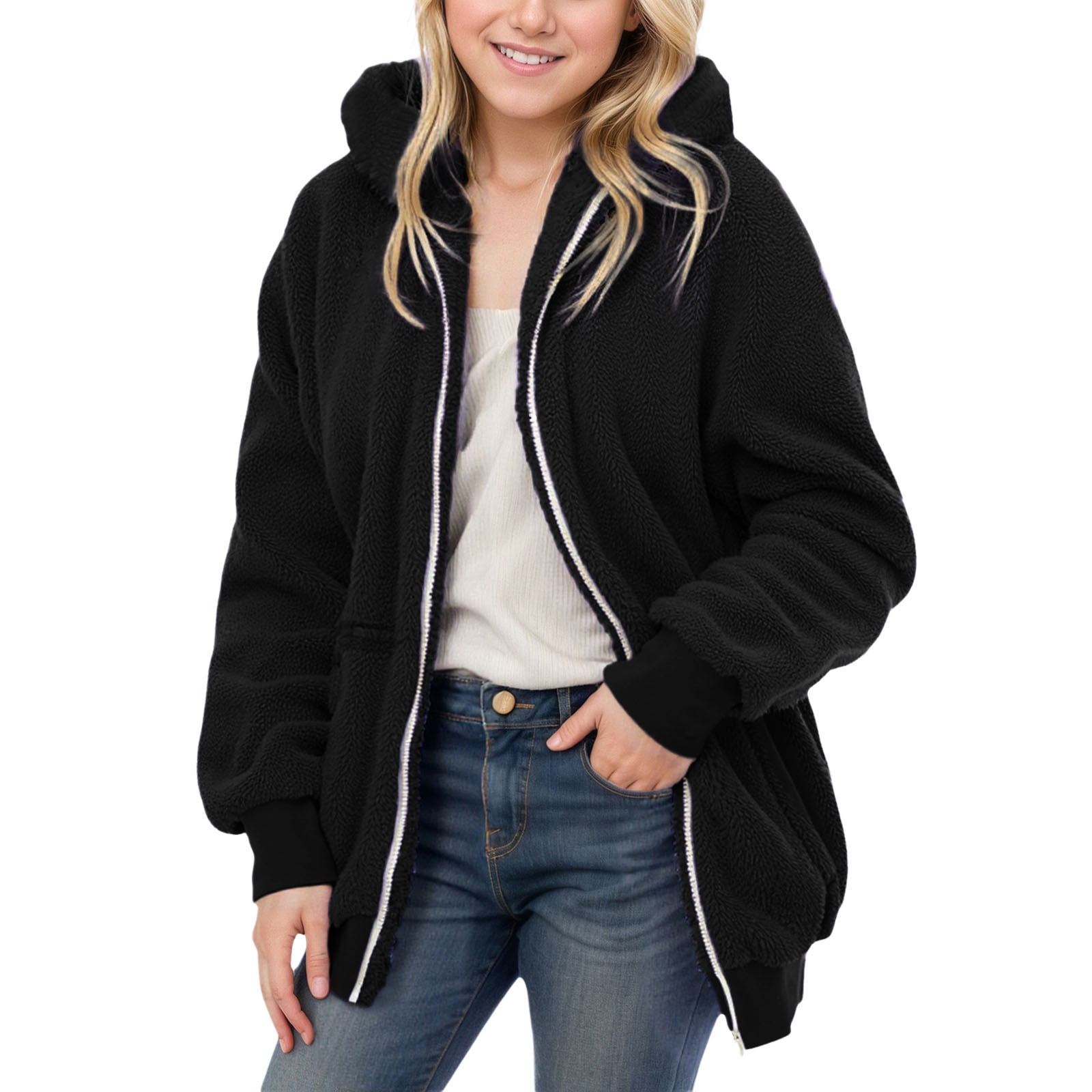 Girls Casual Color Block Zipper Hoodie Loose Warm Winter Top Blouse ...