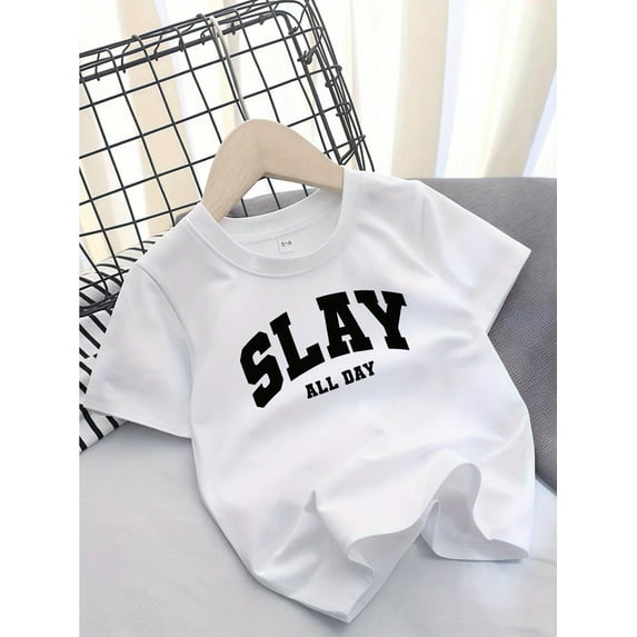 Girls' Casual Cotton T-Shirt with "SLAY ALL DAY" Print, Crew Neck, Slight Stretch, Summer Knit Top, 95% Cotton 5% Spandex, Regular Fit Leisure Outing Tees, Casual Cute Tee, Comfy Top