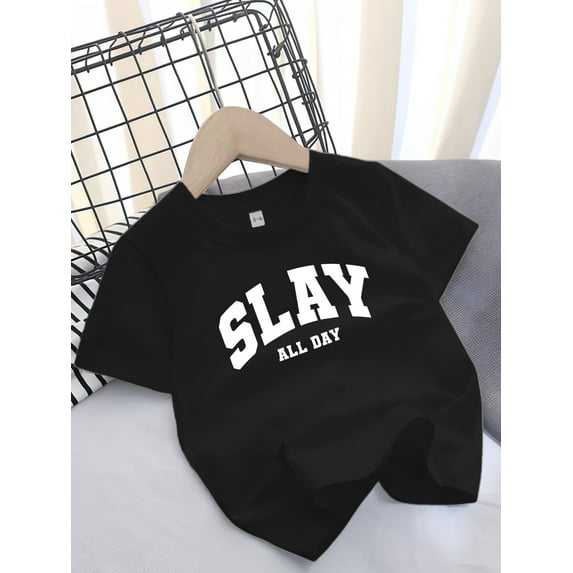 Girls' Casual Cotton T-Shirt with "SLAY ALL DAY" Print, Crew Neck, Slight Stretch, Summer Knit Top, 95% Cotton 5% Spandex, Regular Fit