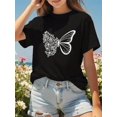thumbnail image 1 of Girls' Casual Crew Neck Short Sleeve Knit Top, Loose Fit, with White Butterfly Alphabet Print, for Outdoor Leisure, College Style, Spring, Summer, and Autumn, 1 of 8