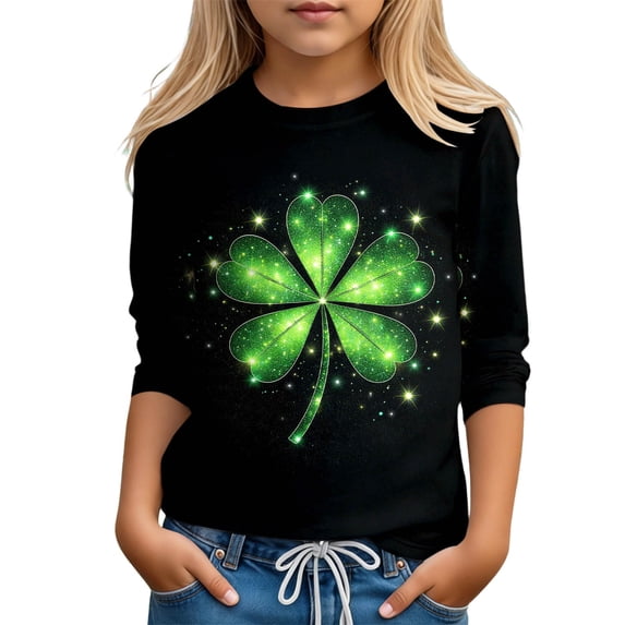 Girls Casual Crewneck Pullover St Patrick'S Day Print Sleeve Three Quarter Sleeve Hoodless Sweatshirt Top Clothes