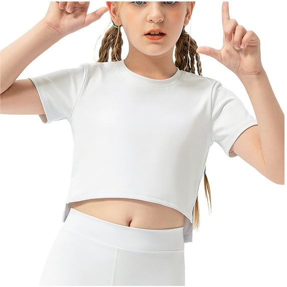 Girls Casual Cropped Tops Crew Neck Cotton Short Sleeve Tops Shirts Kid Fashion Summer Solid Color Loose Fit Shirts (White 8 Years)