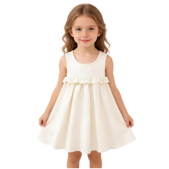 Girls Casual Cute Sundress Summer Vacation Crewneck Ruffle Hem Sleeveless Dresses Kids Loose Comfy Solid Color A Line Outfits