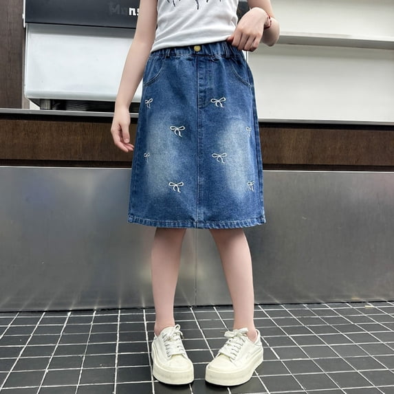 Girls Casual Denim Skirt Midi A Line Knee Length Jean Skirt with Pockets High Elastic Waist Washed Skirt Classic Streetwear (Blue,7-8 Years)