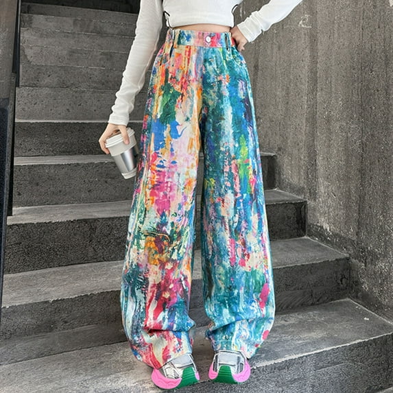 Girls Casual Doodle Pants Girls Straight Loose Fit Painting Tie Dye Floor Length Wide Leg Cargo Cute Clothes For Girls 10-12 Preppy Jeans For Girls 10-12 Bell Bottoms Girls Jeans Size 10-12 Pull Up