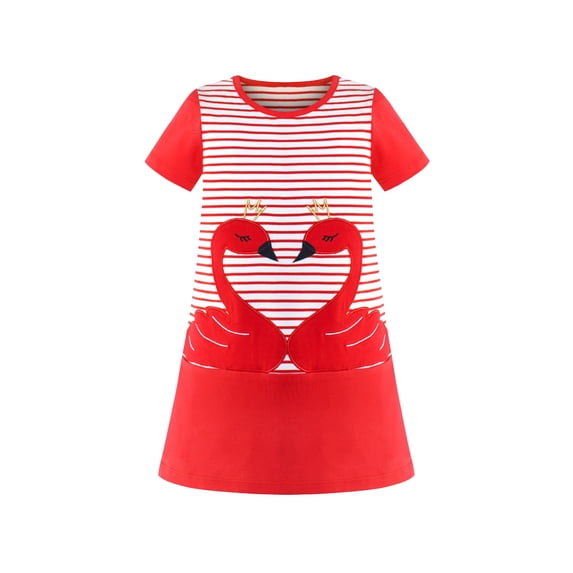 Girls Casual Dress Cotton Short Sleeve Swan Embroidered 2 Years