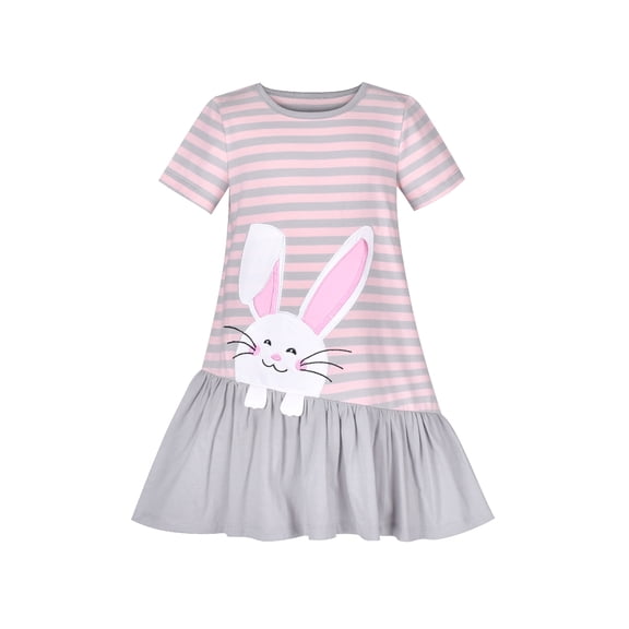Girls Casual Dress Gray Easter Bunny Egg Hunting Cotton Short Sleeve 5 Years