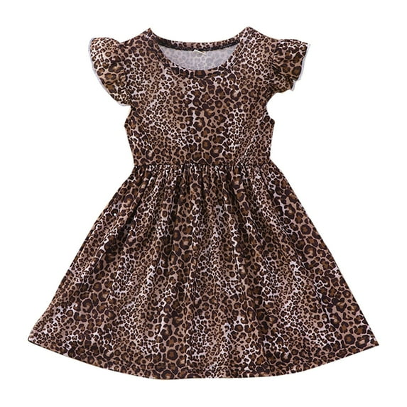 Girls Casual Dress Sweet Ruffle Trim Cute Print Leopard Sweet Flower Leaf Pattern Crew Neck Flare Trendy Fit Clothes Comfy Lovely Dailywear Fashion New Dresses