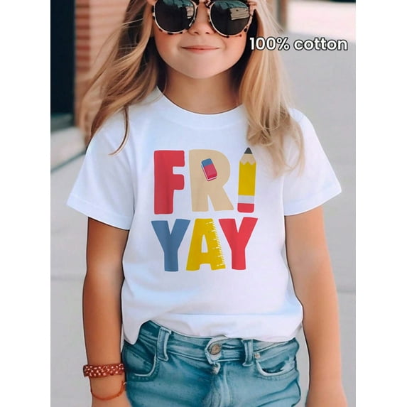 Girls Casual FRIDAY Graphic T-Shirt for Summer,Round Neck and Short Sleeve Style,Comfy Fabric,White Color and Size 3-13Y,GWB0521001