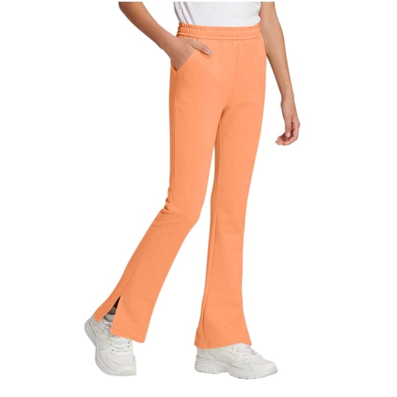 Girls Casual Flare Pants Elastic Waist Side Split Slim Fit Cotton Pant Fashion Lightweight Comfy Soft Athletic Trousers with Pocket 3-15 Years