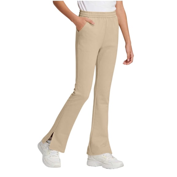 Girls Casual Flare Pants Elastic Waist Side Split Slim Fit Cotton Pant Fashion Lightweight Comfy Soft Athletic Trousers with Pocket 3-15 Years
