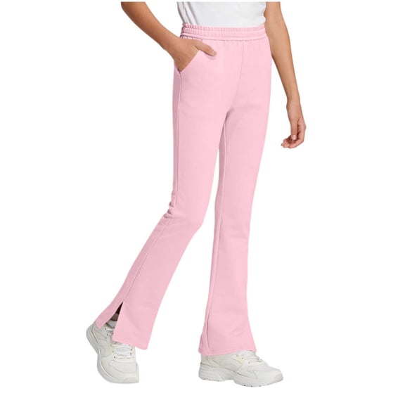 Girls Casual Flare Pants Elastic Waist Side Split Slim Fit Cotton Pant Fashion Lightweight Comfy Soft Athletic Trousers with Pocket 3-15 Years