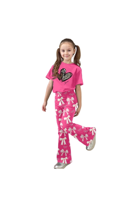 Girls Casual Flare Pants Set 2 Piece Clothing Girls 2 Piece Outfits Summer Heart Bow Short Sleeve Top Bell Bottom Summer Clothes Size 8-9 Years Hot Pink