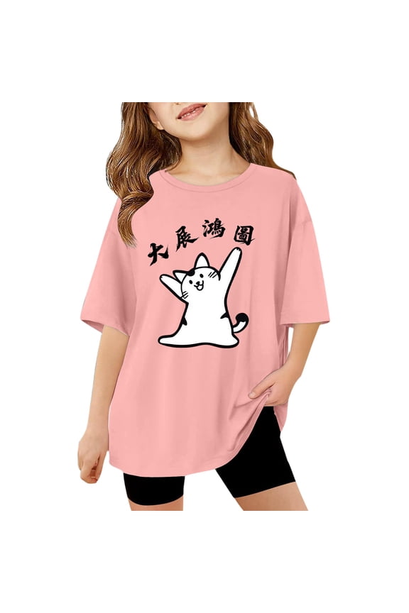 Girls Casual Graphic Print Tee Loose Fit Short Sleeve Crewneck Top For Toddler Youth Comfortable Everyday Wear Tween Kids Summer Soft Comfy Cute Teen Basic Tees