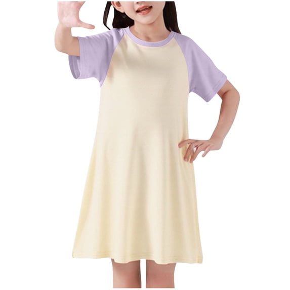 Girls Casual Homewear Dress Loose Fit Crewneck Short Sleeve Nightgown Dresses Kids Comdy Color Block Loungewear 4-13 Years