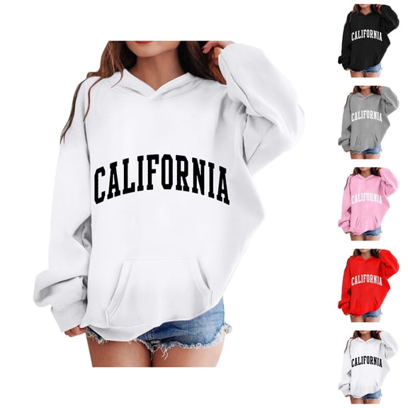 Girls Casual Hoodies 2025 Long Sleeve California Letter Graphic Hooded Sweatshirt with Pockets Kids Pullover Tops